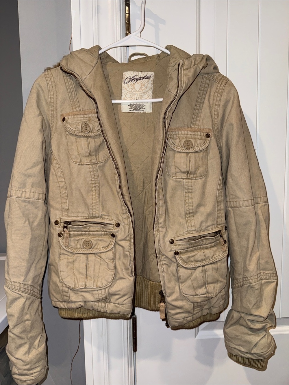 Aeropostale Khaki Hooded Utility Puffer Jacket